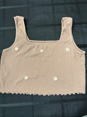 Daisy Embroidered Knit Crop Tank - Beige
